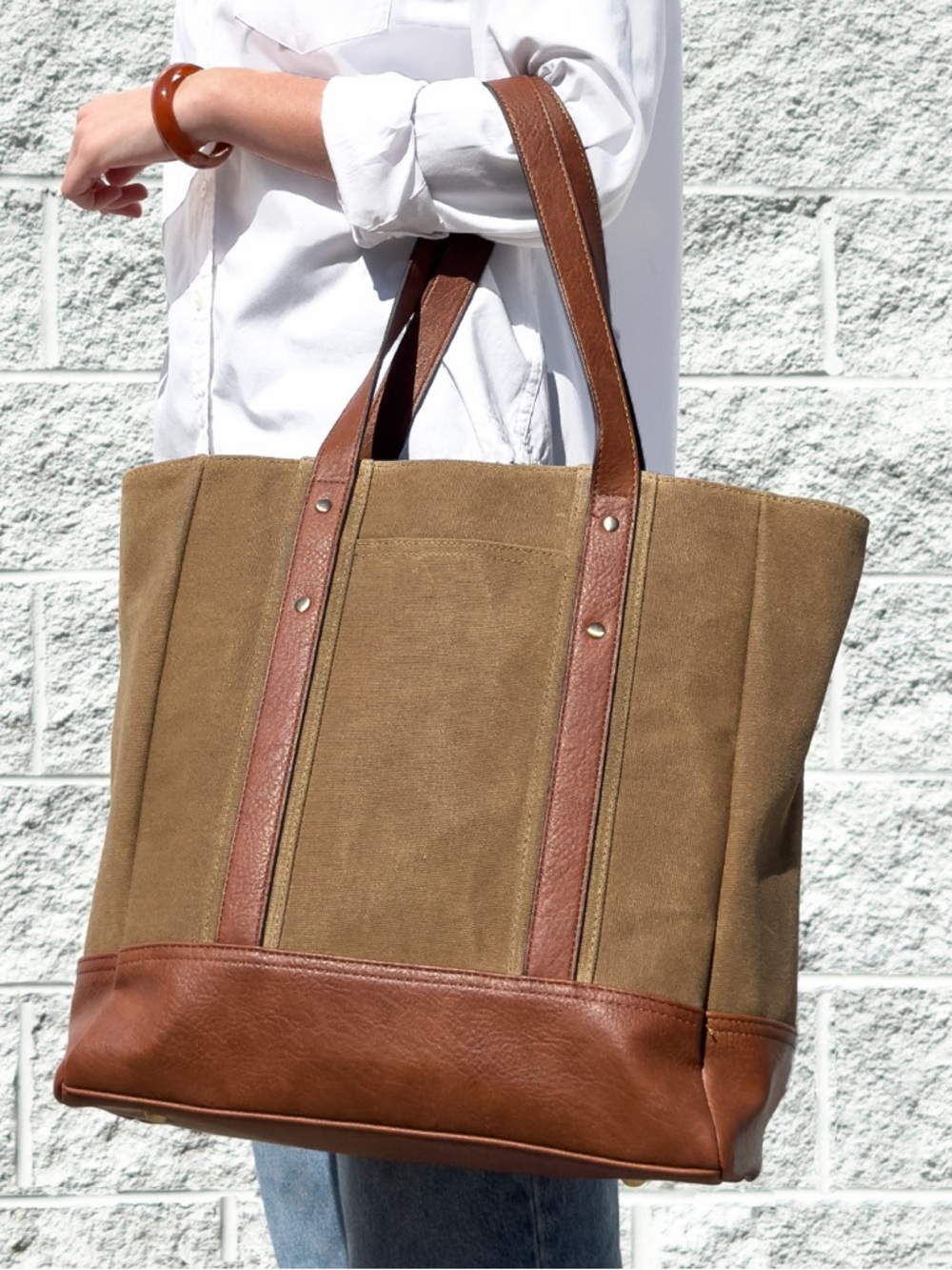 Canvas Tote Bag with Brown Leather Trim - Olive